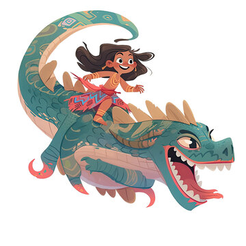 An illustration of a brown-skinned child riding a sea monster taniwha