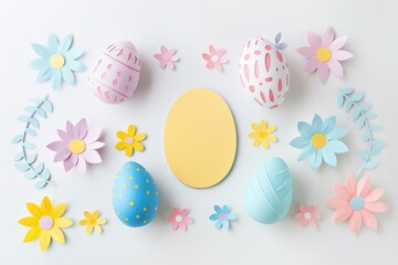Easter styled paper stickers on white background, space for text, pastel colors