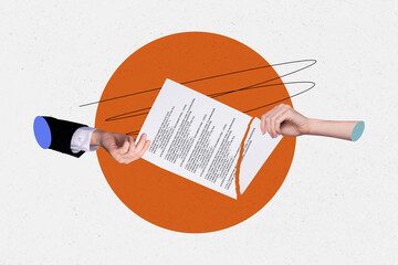 Composite photo collage of two hands tear documents cancel deal refuse paper sheet text information...