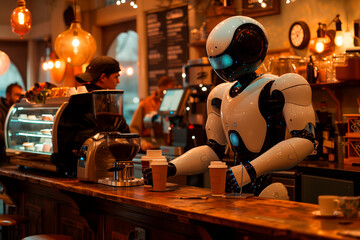 Robot with human-like features is pictured serving coffee at cafe bar, surrounded by warm ambient lighting and traditional coffee shop equipment, futuristic technology with hospitality