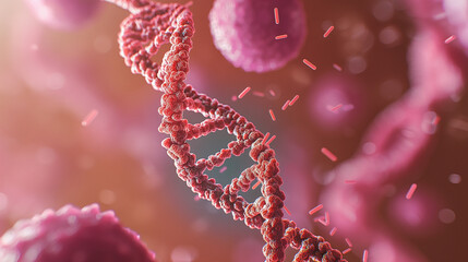 3d illustration of a dna strand with abstract molecules in the background. Concept of genetic disease. Dna helix in a dynamic molecular environment