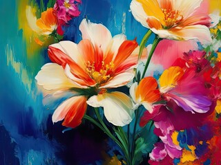 Oil paint strokes in multiple colors, flowers, and an abstract background