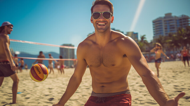 Young guy enjoying beach volleyball.