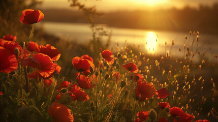 Obraz premium Summer evening river side, a field of red poppies, glow of golden sunset, reflects of sunlight, beauty evening sunset. 