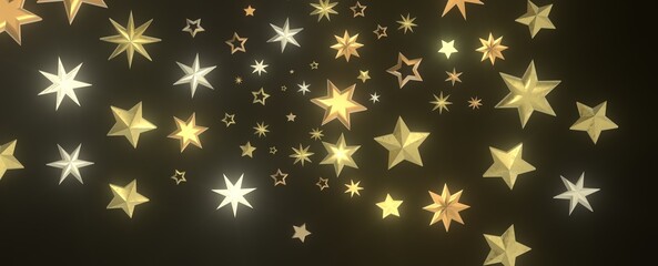 Banner with golden decoration. Festive border with falling glitter dust and stars.