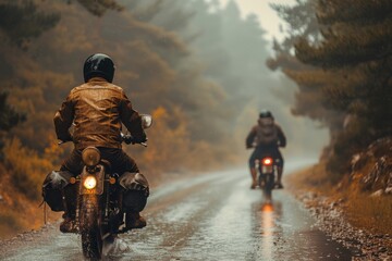 Rain adds a dramatic and challenging element as two motorcyclists traverse a wet road among tall pine trees, embodying courage and companionship