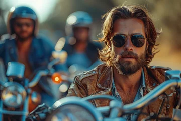 Poster Sharp focus on a stylish man with long hair and sunglasses riding a motorcycle, with others in soft focus © Larisa AI