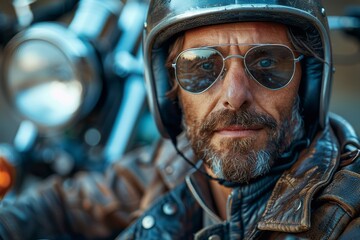 Detailed view of a mature man on a motorcycle, wearing a helmet and round glasses, with a serious expression - obrazy, fototapety, plakaty