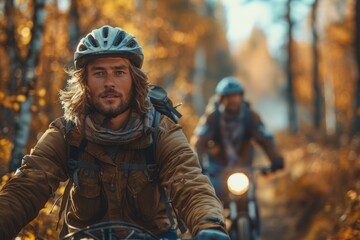 Fototapeta premium A young cyclist wearing a helmet and outdoor attire, cycling in a golden autumn forest