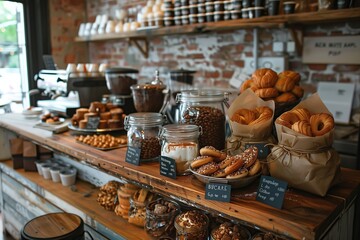 Gourmet Pastries and Breads on Wooden Bakery Counter. Wooden bakery counter topped with a delicious selection of gourmet pastries and artisan breads.
