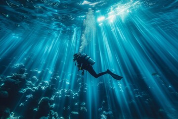 A serene image capturing a scuba diver amid the rays of sunlight piercing the clear blue water,...