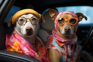 Fashionable purebred dogs ride in a convertible.