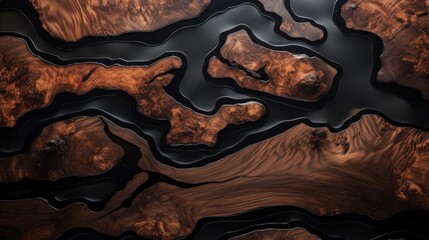 Top View of the Texture of a beautiful Wooden Designer brown Table covered with black epoxy resin and varnish. Expensive Luxury handmade furniture, Hobbies, Business, Creativity concepts. - obrazy, fototapety, plakaty