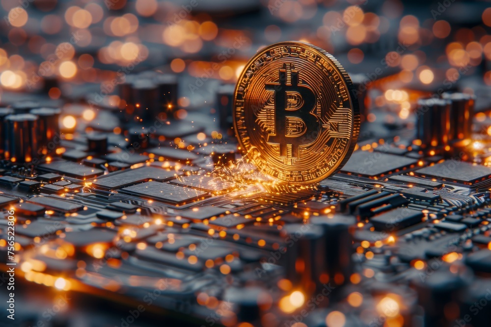 Aufkleber a close-up image showing a detailed bitcoin coin on a high-tech circuit board with radiant electroni