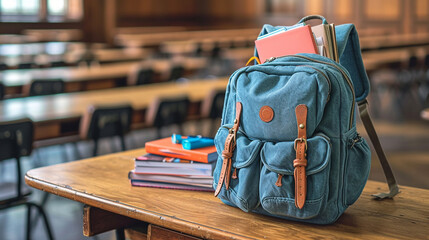 Backpack filled with books and school supplies is on the desk in an empty classroom. - obrazy, fototapety, plakaty