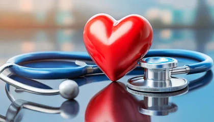 Foto op Canvas Extreme close-up of a red heart and a stethoscope on a reflective surface with copy space. Medical health and cardiological care concept. Generative Ai. © Alberto Masnovo
