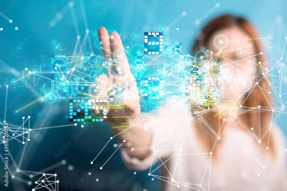 Poster Neural network 3D illustration. Big data and cybersecurity