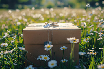 A cardboard box with a ribbon and a tag on it. The background is a green grass with some daisies.