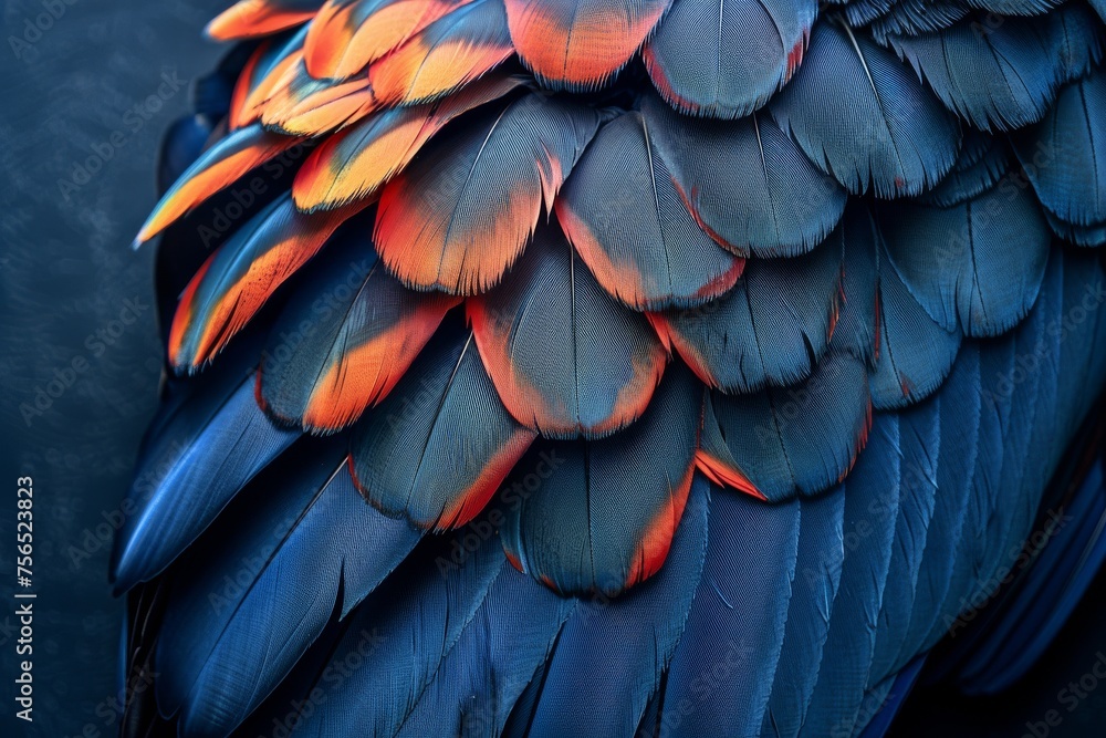 Poster a close-up shot of blue and orange feathers showing intricate textures and color details on a bird
