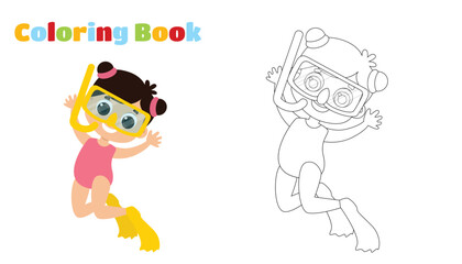 Coloring page. A cute girl in a swimsuit, fins and an underwater mask swims underwater. Child diver in cartoon style.