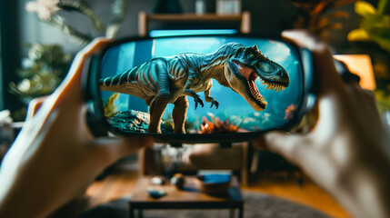 man's hands hold virtual reality glasses broadcasting a hyper-realistic dinosaur..View from inside...