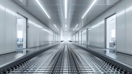 Modern conveyor belt in a clean, bright factory interior
