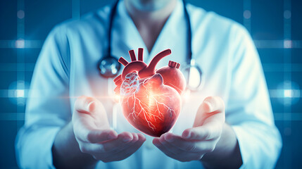 .A glowing human heart in the hands of a cardio surgeon on an electronic blue background with a cardiogram. heart surgery concept - obrazy, fototapety, plakaty