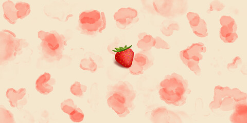 A strawberry and strawberry stains illustration. Red mottle backgorund. Red strawberry Stains on the light peach color background. one strawberry standing on the middle