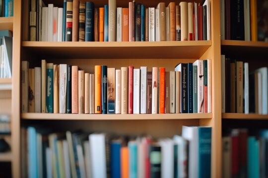 Diverse array of books displayed on library shelves from various angles and perspectives