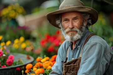 Confident elderly man with a grey beard and hat posing among bright flower beds in a garden