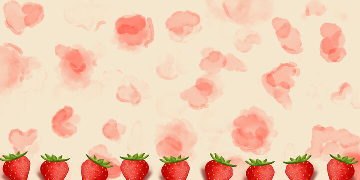 A lot of strawberries lined up at the bottom and strawberry stains illustration. Red mottle backgorund. Red strawberry Stains on the light peach color background. 