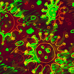 T-Cells. Green Cartoon Germ. Yellow Blood Cells