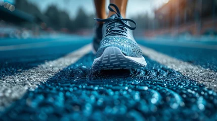 Foto op Canvas Focus on running shoes of athletic runner in stadium, preparing for sports competition © growth.ai