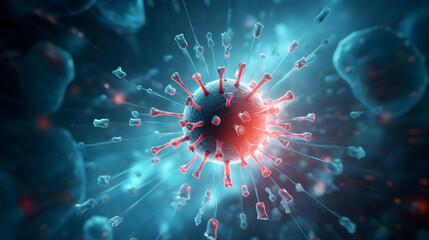 Visualization of disease treatment. Close up banner of floating virus cells, bacteria, microbes on blurred background with copy space. Abstract 3d render visualization of covid, flu, infection disease - obrazy, fototapety, plakaty
