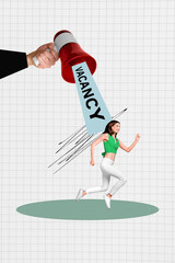 Sketch artwork 3D photo collage of young candidate lady run from huge recruit hand hold megaphone...