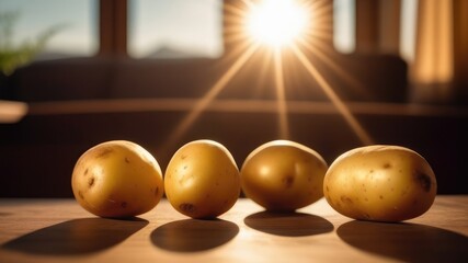 Potatoes on a wooden table in the sunlight reflect naturalness, healthy eating and freshness. Harvest, agriculture and natural beauty. Healthy lifestyle concept
