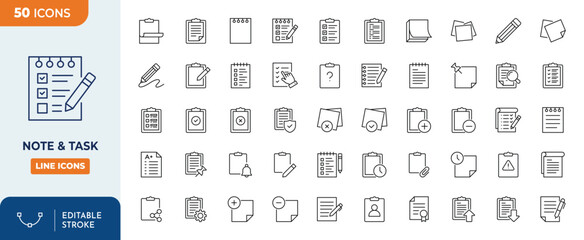 Note & Task icons set. Containing  task, clipboard, cheklist, notes, notebooks and More. Outline Icon Collection. Editable stroke. Vector illustration	