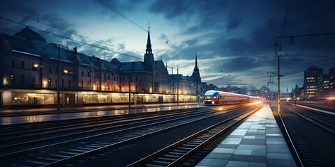 Fototapeta na wymiar train station, railway platform, Railway station and beautiful colorful sky, Railway junction in the evening, A train station with a view of the tracks, Generative AI 