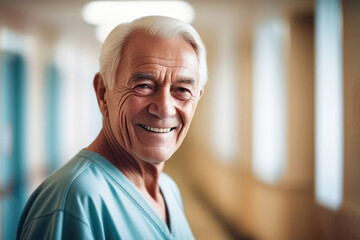 Fototapeta na wymiar Portrait of happy older man doctor. Beautiful and satisfied healthcare worker in clinic looking at camera. 2/3 space for text. medical worker day concept.