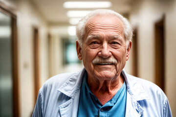 Portrait of happy older man doctor. Beautiful and satisfied healthcare worker in clinic looking at camera. 2/3 space for text. medical worker day concept.