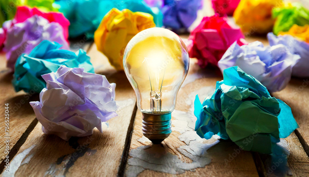 Poster close-up of a glowing light bulb surrounded by a large group of crumpled colorful paper balls on a w