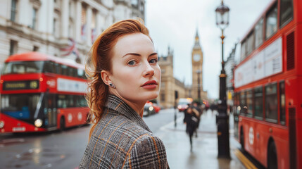 Portrait of a redhead English woman in London, personifying elegance and British charm, against the...