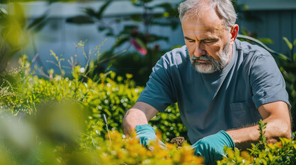 A middle-aged man gardener works hard in his home garden. Gardener takes care of garden bushes in the garden - Powered by Adobe