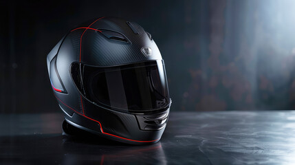 Sleek black modern motorcycle helmet with red trim on dark background - obrazy, fototapety, plakaty
