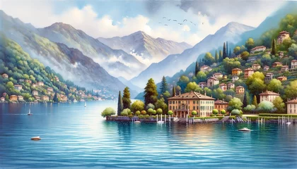 Foto op Canvas Watercolor landscape of Como Lake in Italy © monkik.