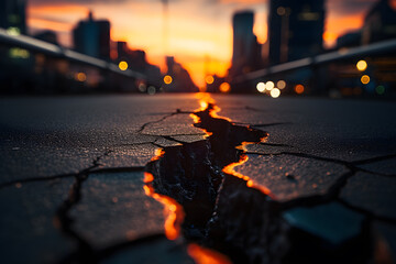 cracked asphalt lava in the middle of a city street - obrazy, fototapety, plakaty