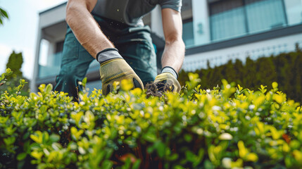 A male gardener works diligently in his home garden. Gardener takes care of garden bushes, hands close-up - obrazy, fototapety, plakaty