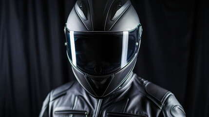 Motorcyclist in a black jacket and a modern sleek black helmet on a dark background
