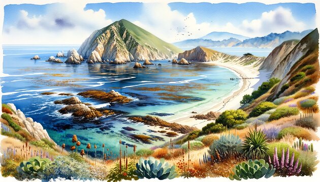Watercolor landscape of Channel Islands National Park in California