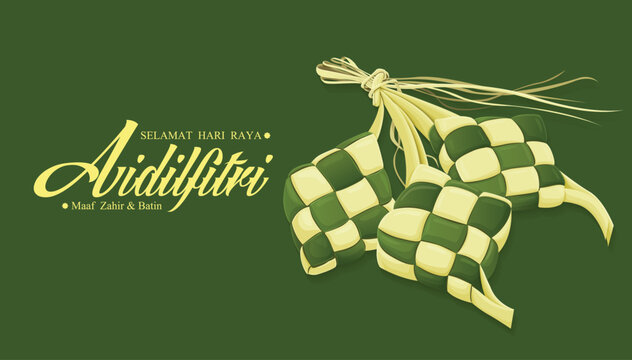 Hari Raya Aidilfitri background design with ketupat. Malay means Fasting day celebration, I seek forgiveness, physically and spiritually.